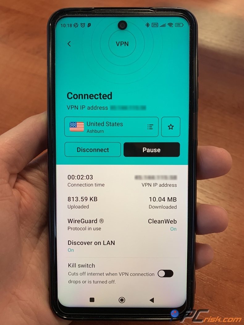 Surfshark voor Android-dashboard