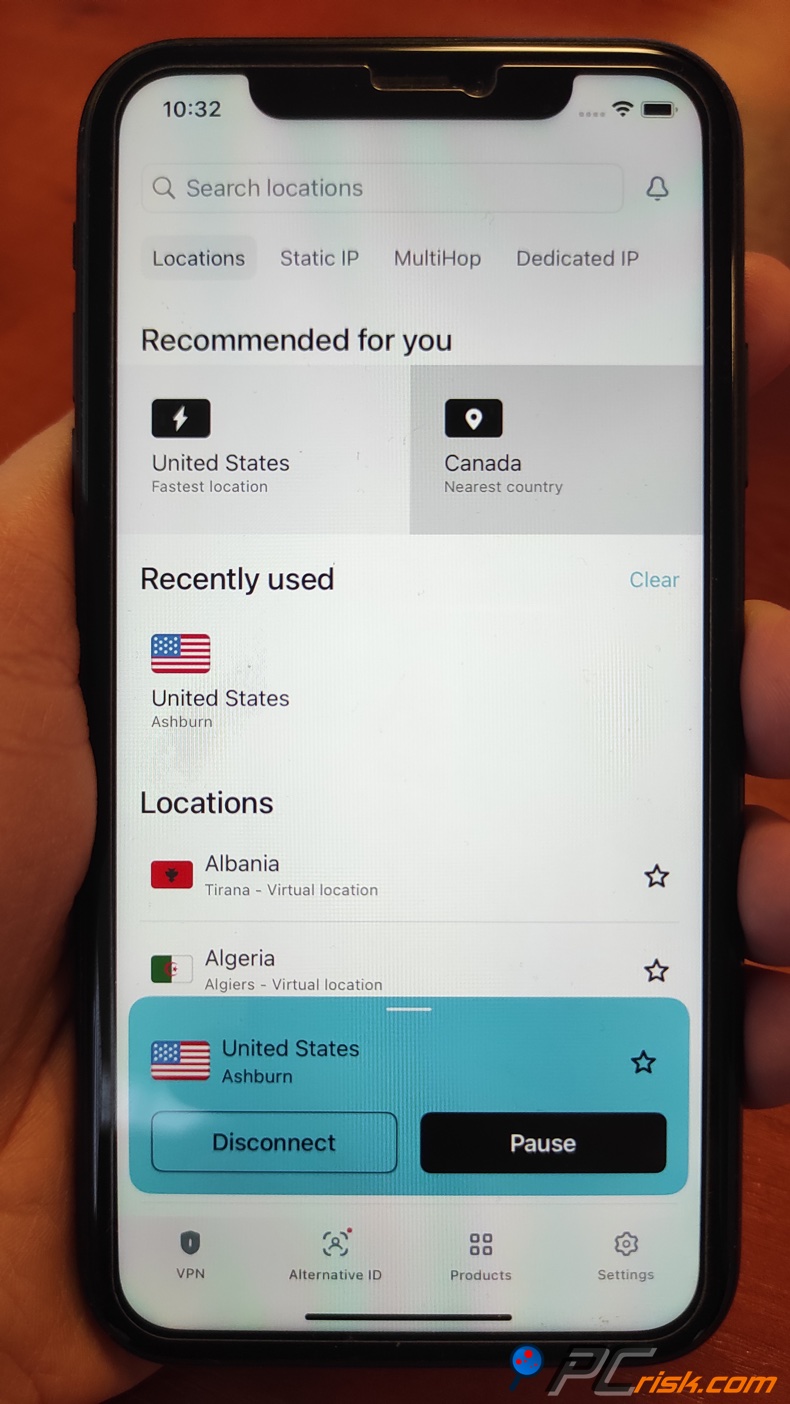 Surfshark voor iOS-dashboard