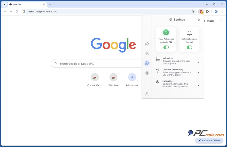 Total Adblock instellingenmenu