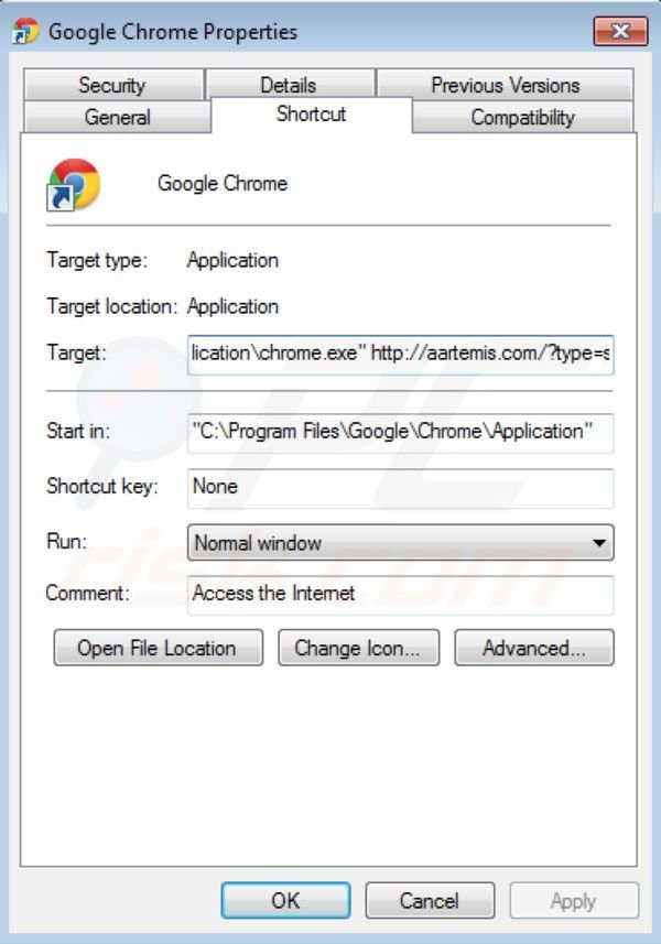 Aartemis verwijderen als doel van de Google Chrome snelkoppeling