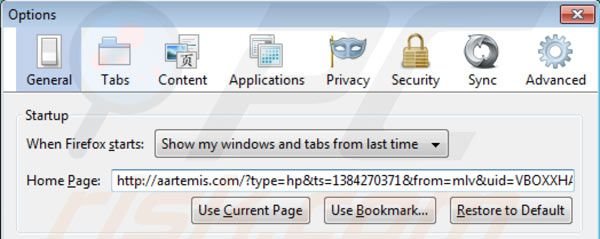 Verwijder Aartemis als Mozilla Firefox startpagina