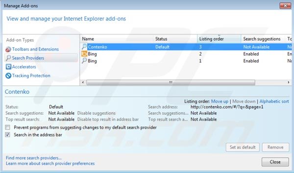 Verwijder contenko.com als standaard zoekmachine in Internet Explorer 