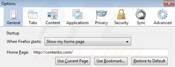 Verwijder contenko.com als startpagina in Mozilla Firefox