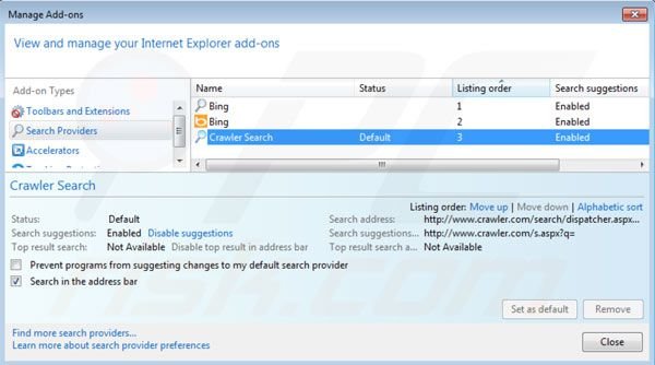 Verwijder crawler.com als standaard zoekmachine in Internet Explorer