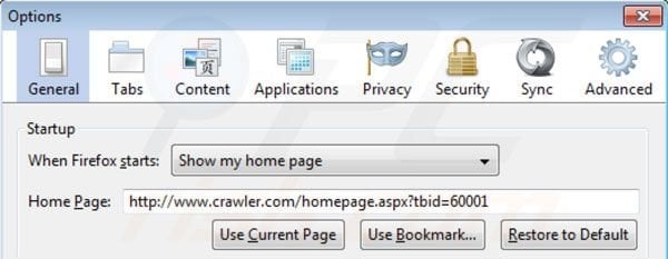 Verwijder crawler.com als startpagina in Mozilla Firefox 