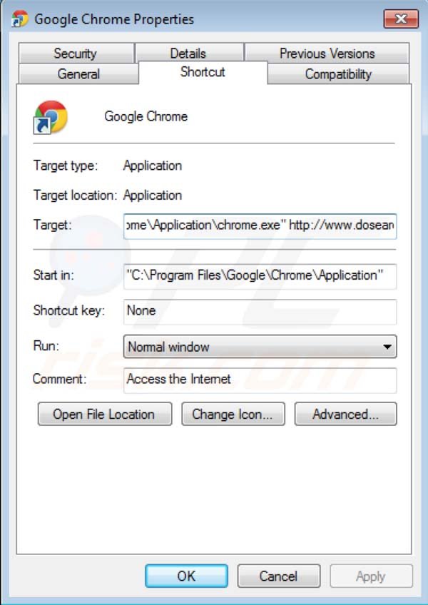 Dosearches verwijderen als doel van de  Google Chrome snelkoppeling