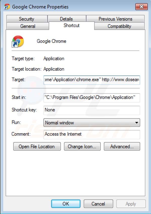 Dosearches verwijderen als doel van de  Google Chrome snelkoppeling