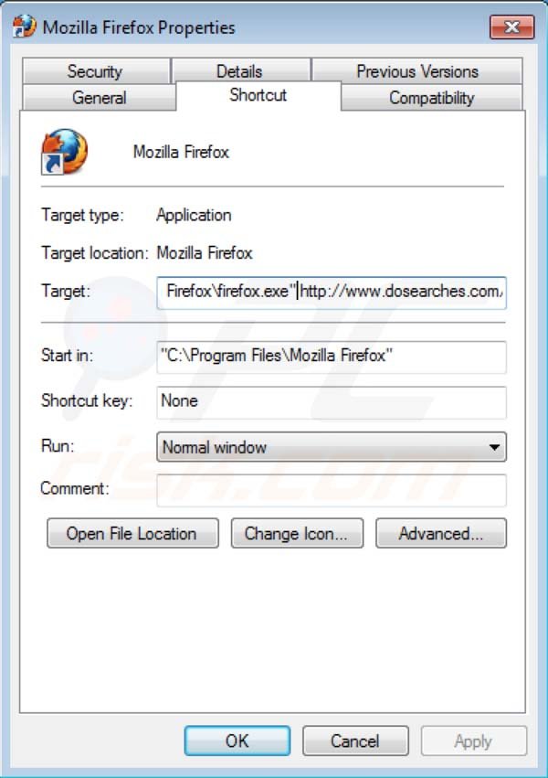 Dosearches verwijderen als doel van de Mozilla Firefox snelkoppeling