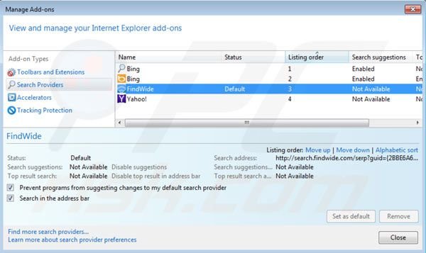 Verwijder search.findwide.com als standaard zoekmachine in Internet Explorer 