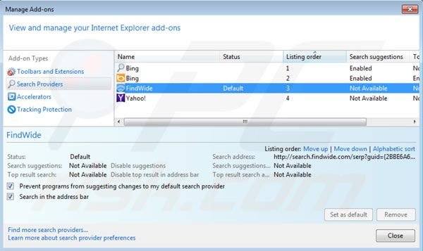 Verwijder search.findwide.com als standaard zoekmachine in Internet Explorer 