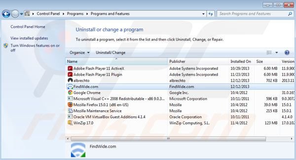 search.findwide.com verwijdering uit het Controle Paneel