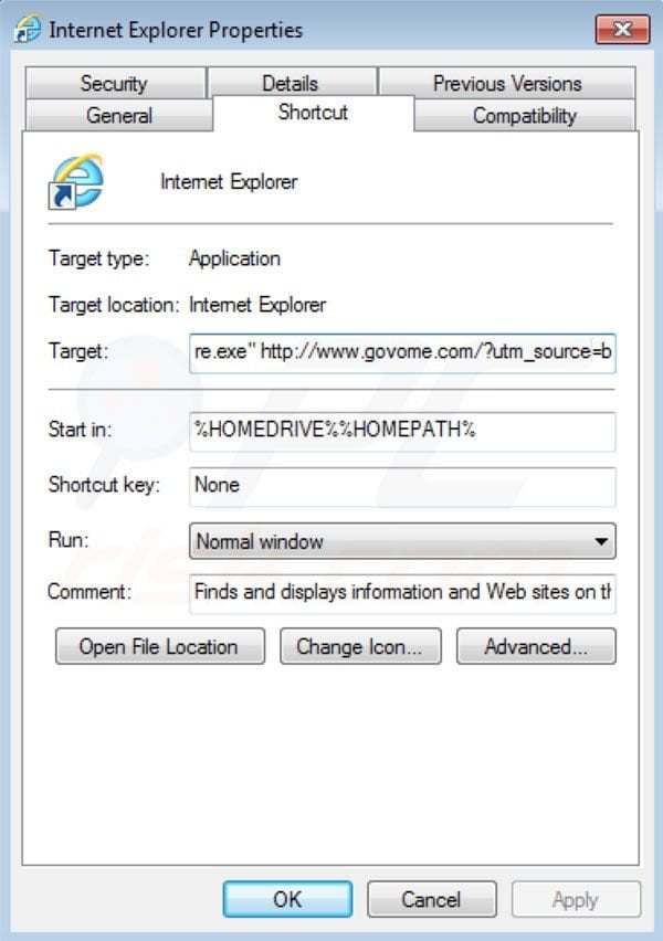Govome verwijderen alls doel van de Internet Explorer snelkoppeling