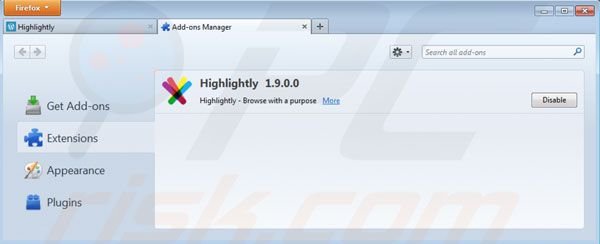 Verwijder Highlightly uit de Mozilla Firefox extensies stap 2