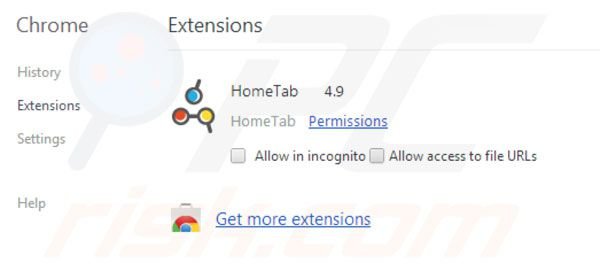 Hometab verwijderen uit de Google Chrome extensies stap 2