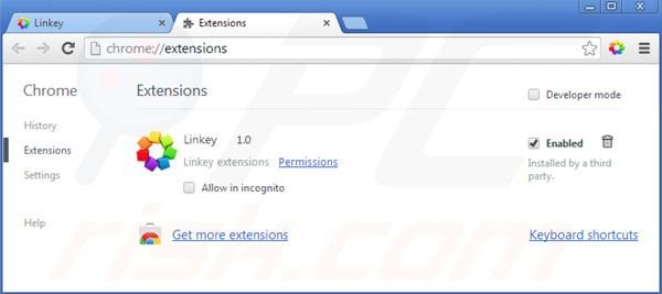 Verwijder linkey uit de Google Chrome extensies stap 2