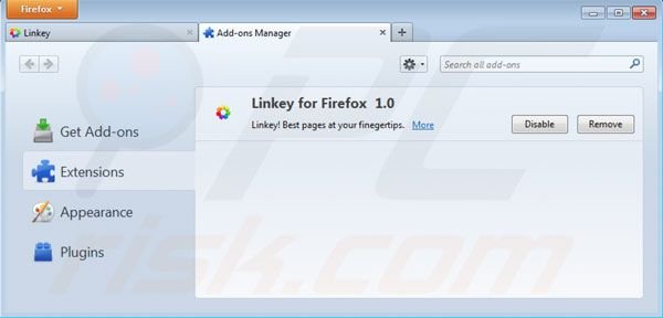 Verwijder linkey uit de Mozilla Firefox extensies stap 2