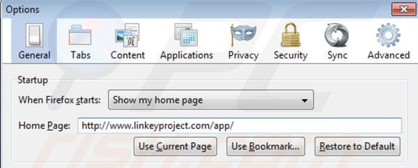 Verwijder linkey project als startpagina in Mozilla Firefox