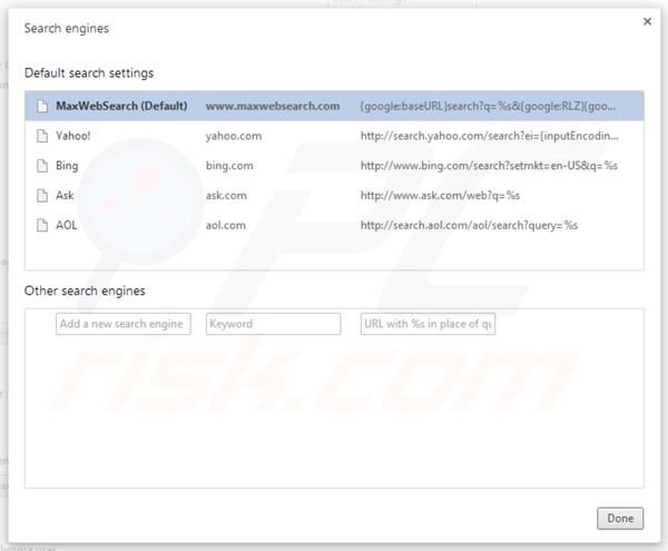 maxwebsearch.com  removal from Google Chrome default search engine settings