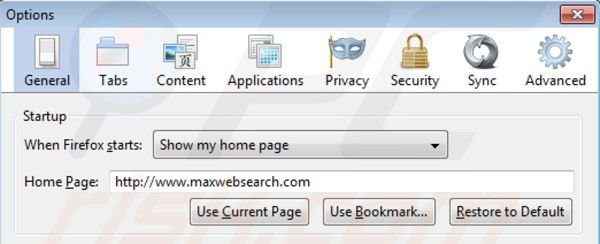 Verwijder maxwebsearch.com als Mozilla Firefox startpagina