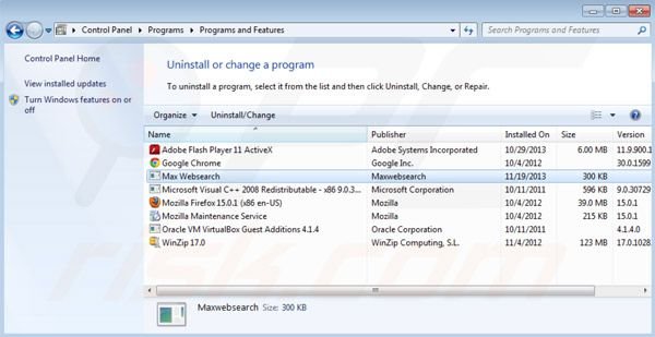 Maxwebsearch uninstall from Control Panel