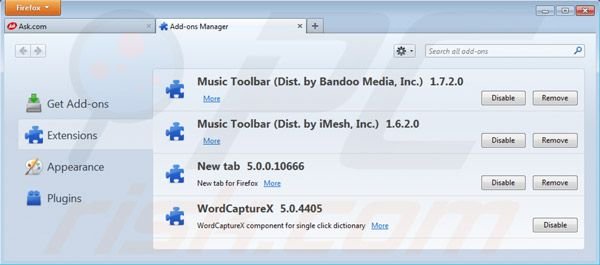 Removing Music toolbar from Mozilla Firefox extensions