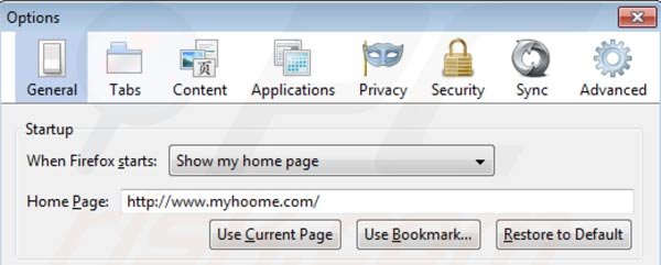 Verwijder myhoome.com als startpagina in Mozilla Firefox stap 2