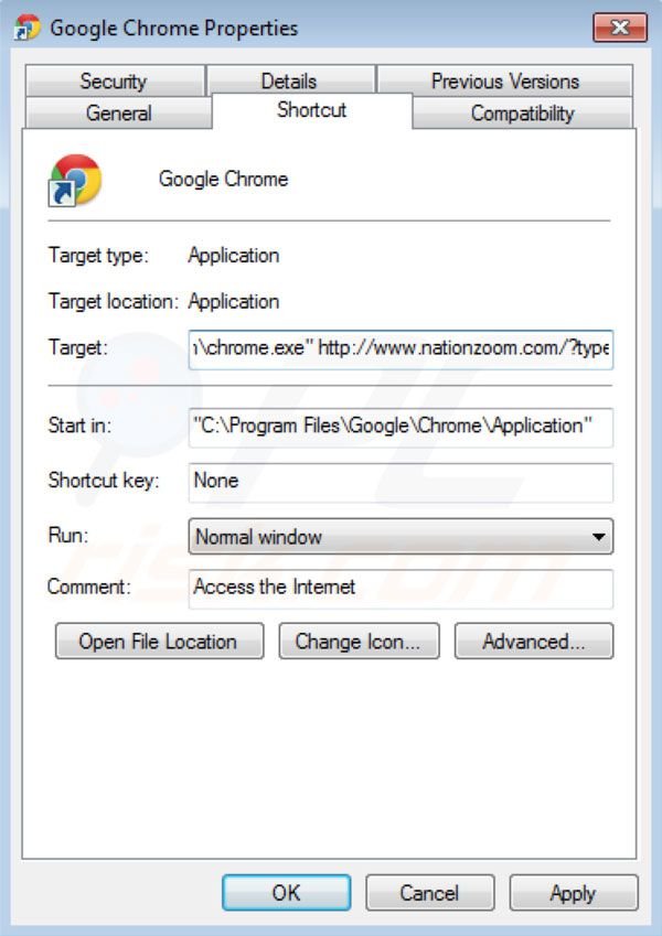 Verwijder nationzoom.com als doel van de Google Chrome snelkoppeling