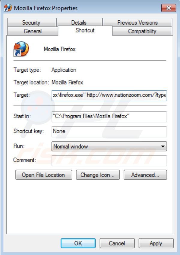 Verwijder nationzoom.com als doel van de Mozilla Firefox snelkoppeling