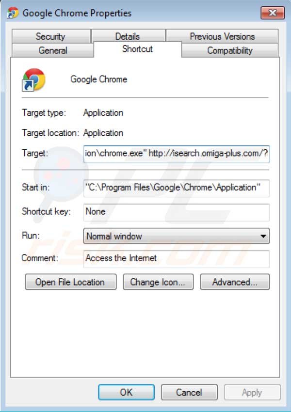 Verwijder het Omiga plus uit de Google Chrome snelkoppeling