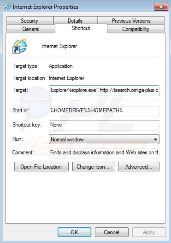 Het isearch Omiga plus doorverwijzing virus verwijderen uit Internet Explorer shortcut target