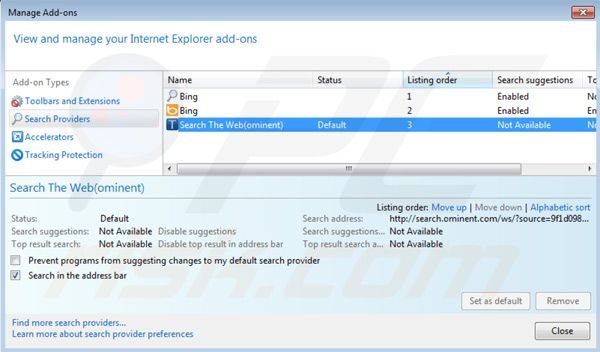 Verwijder search.ominent.com als standaard zoekmachine in Internet Explorer 