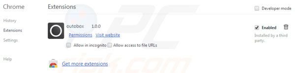 Outobox verwijdering uit Google Chrome extensies stap 2