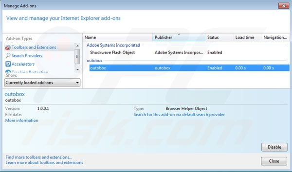 Outobox verwijdering uit de Internet Explorer extensies stap 2
