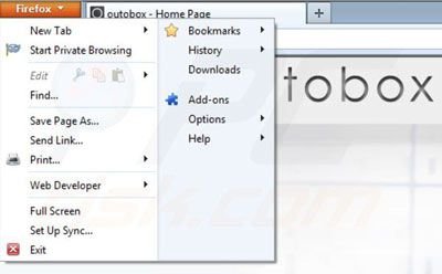 Outobox verwijdering uit de Mozilla Firefox extensies stap 1