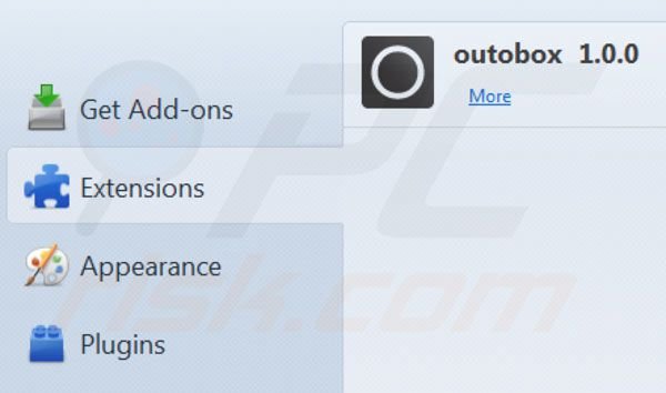 Outobox verwijdering uit de Mozilla Firefox extensies stap 2