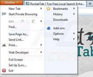 Verwijder Rocket tab advertenties uit Mozilla Firefox stap 1
