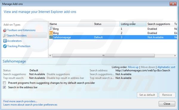 Safehomepagestandaard zoekmachine in Internet Explorer