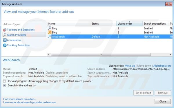 Verwijder websearch.searchbomb.info als standaard zoekmachine in Internet Explorer