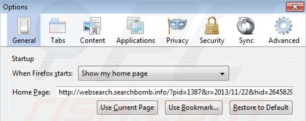 Verwijder websearch.searchbomb.info als startpagina in Mozilla Firefox