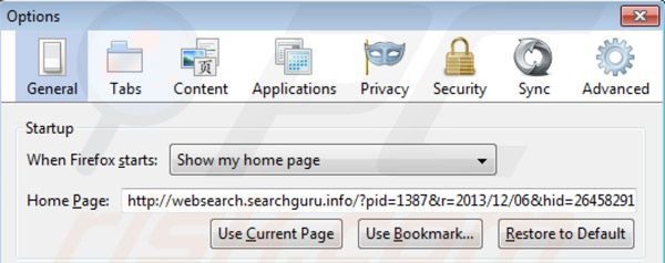 Verwijder websearch.searchguru.info als startpagina in Mozilla Firefox