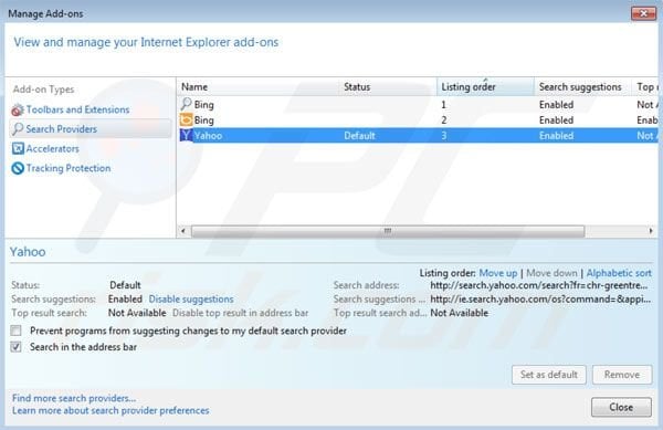 Verwijder Spigot als standaard zoekmachine in Internet Explorer