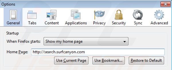 Surf Canyon verwijderen als Mozilla Firefox startpagina