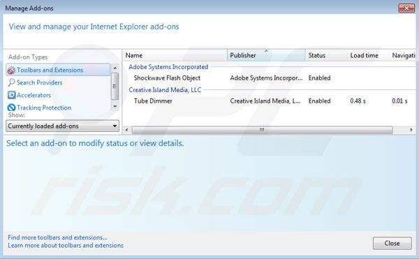Tube Dimmer verwijderen uit de Internet Explorer extensies stap 2