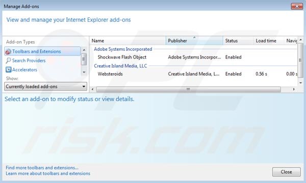 Websteroids verwijdering uit Internet Explorer stap 2