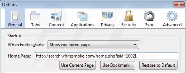 Verwijder search.whitesmoke.com als startpagina in Mozilla Firefox