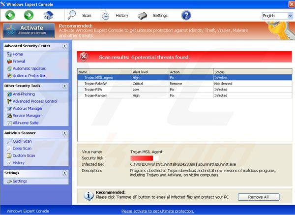 Windows Expert Console vals antivirus programma