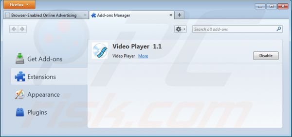 Verwijder ads by video player uit de Mozilla Firefox extensies stap 2