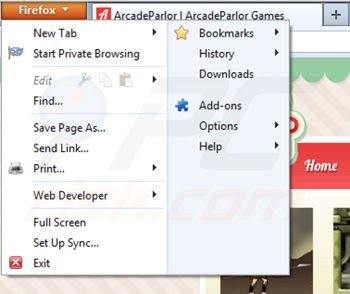 Verwijder Arcadeparlor uit de Mozilla Firefox extensies stap 1