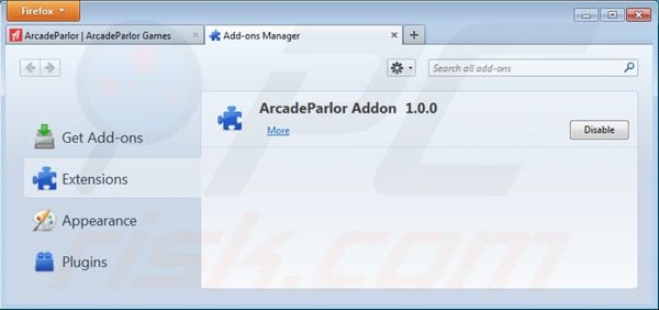 Verwijder Arcadeparlor uit de Mozilla Firefox extensies stap 2