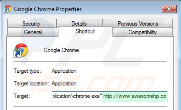 Verwijder awesomehp.com als doel van de Google Chrome snelkoppeling stap 2